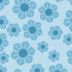 Airy blue flowers with a hand-stitched look on a checkered background.