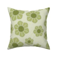 Artisanal olive green flowers on pale green for a lively, handcrafted motif.