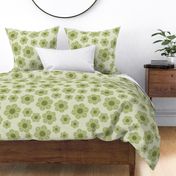 Artisanal olive green flowers on pale green for a lively, handcrafted motif.