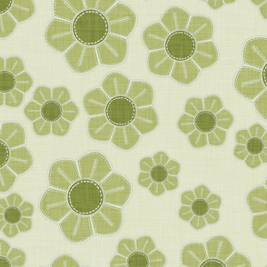 Artisanal olive green flowers on pale green for a lively, handcrafted motif.