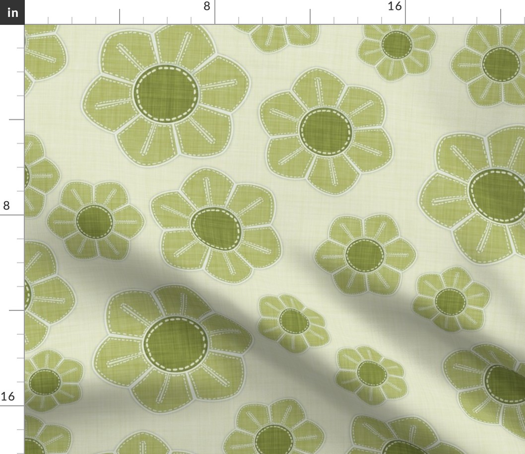 Artisanal olive green flowers on pale green for a lively, handcrafted motif.