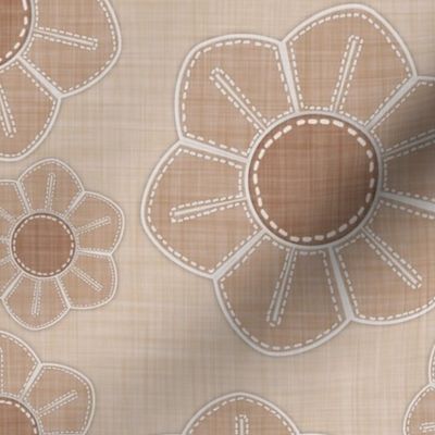 Embroidered taupe flowers on beige, crafting a tranquil, artisanal pattern.