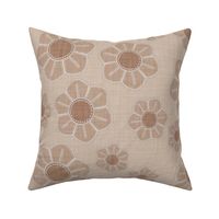 Embroidered taupe flowers on beige, crafting a tranquil, artisanal pattern.