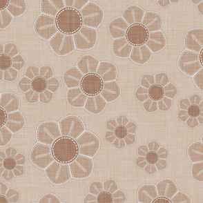 Embroidered taupe flowers on beige, crafting a tranquil, artisanal pattern.