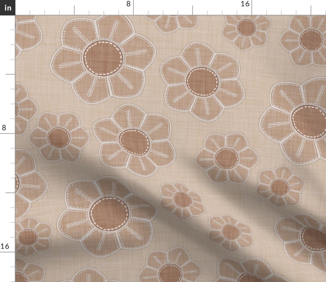 Embroidered taupe flowers on beige, crafting a tranquil, artisanal pattern.