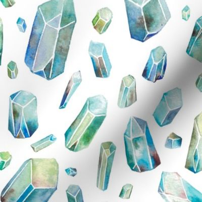 Watercolor Crystals - Blue and Green with White Background