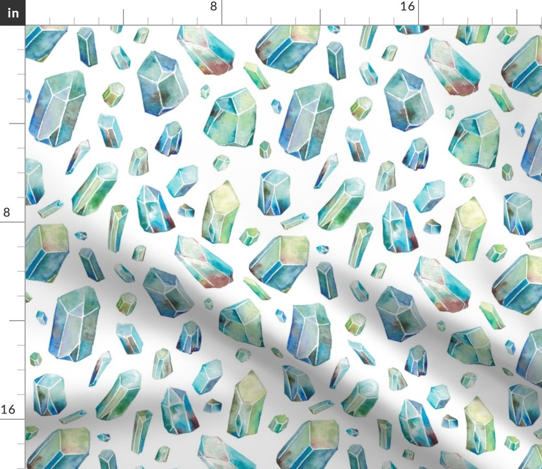 Watercolor Crystals - Blue and Green with White Background