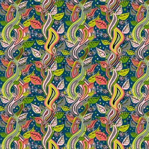 colorful quirky fantasy floral vine plants wallpaper, small scale, white black coral peach orange pink lime green chartreuse teal blue gray grey