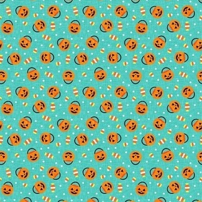(extra small scale) halloween pumpkin candy buckets - trick or treat jack o lantern, candy corn, halloween candy - teal - LAD20BS