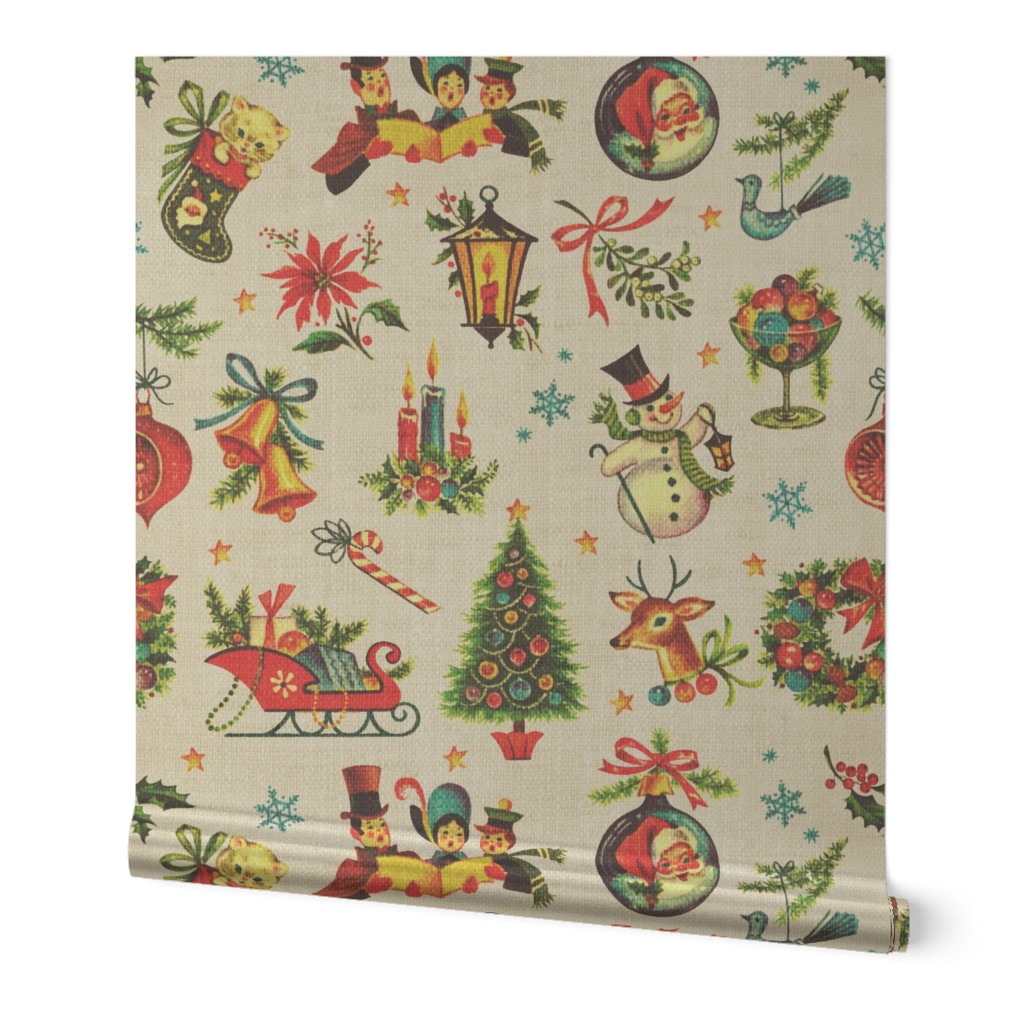 Vintage Retro Christmas on Aged Linen - large scale