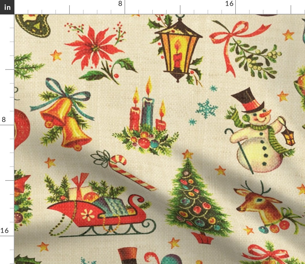 Vintage Retro Christmas on Aged Linen - large scale