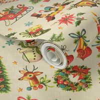 Vintage Retro Christmas on Aged Linen - medium scale
