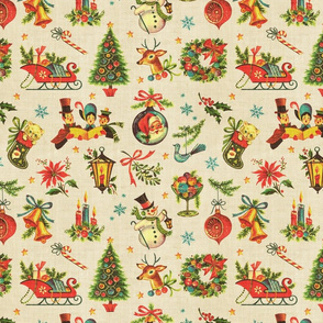 Vintage Retro Christmas on Aged Linen - medium scale