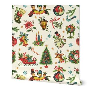 Vintage Retro Christmas on Cream - large Fabric