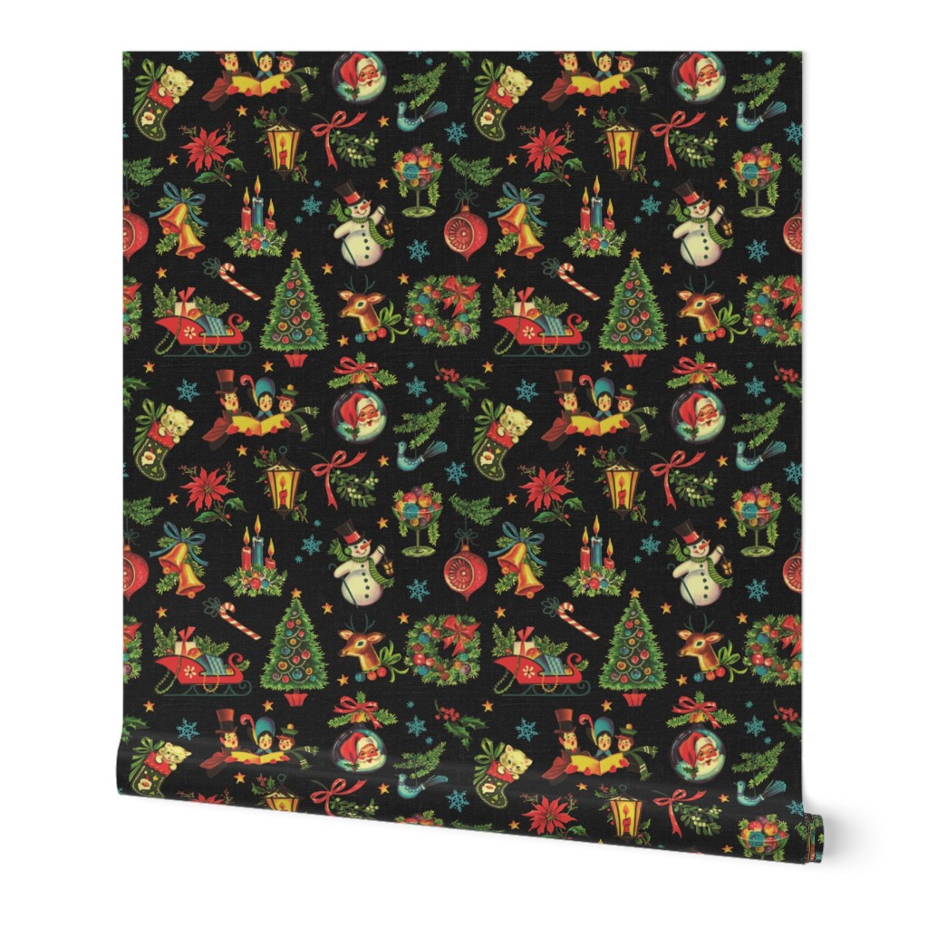 Vintage Retro Christmas on Dark Grey Linen - medium scale