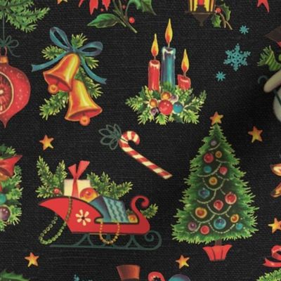 Vintage Retro Christmas on Dark Grey Linen - medium scale