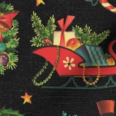 Vintage Retro Christmas on Dark Grey Linen - large scale