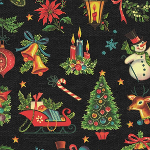 Vintage Retro Christmas on Dark Grey Linen - large scale