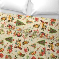 Vintage Retro Christmas on Aged Linen rotated - large scale