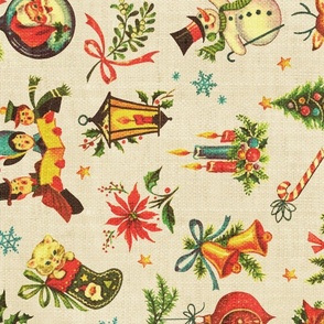Vintage Retro Christmas on Aged Linen rotated - large scale