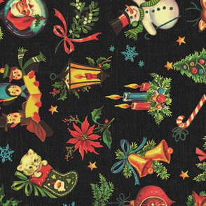 Vintage Retro Christmas on Dark Grey Linen rotated- large scale