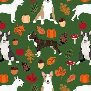 bull terrier autumn leaves fabric - green