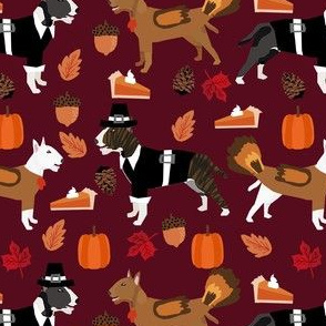 bull terrier thanksgiving  fabric - burgundy