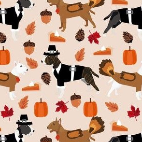 bull terrier thanksgiving  fabric - tan