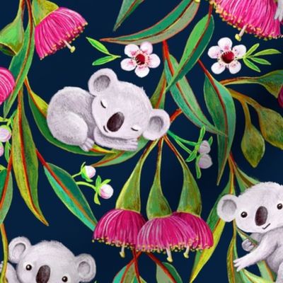 Teeny Tiny Grey Koalas with Tea Tree Blossoms and Eucalyptus Flowers on navy
