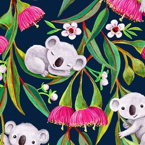 Teeny Tiny Grey Koalas with Tea Tree Blossoms and Eucalyptus Flowers on navy