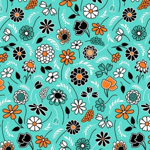 Spring Floral Ditsy in Turquoise, Orange, Black and White