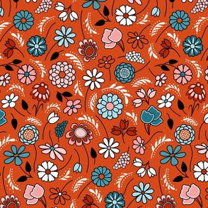 Spring Floral Ditsy in Country Colors // Salmon Pink, Red, Light Denim Blue, Black and White