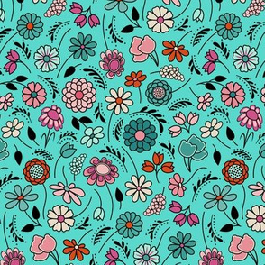 Spring Floral Ditsy in Blush Pink, Salmon Pink, Rose Quartz, Red, Turquoise, Teal, Light Khaki Tan, Black // Country Colors