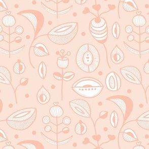 Retro style garden botanical branches twigs and vines coral pink peach