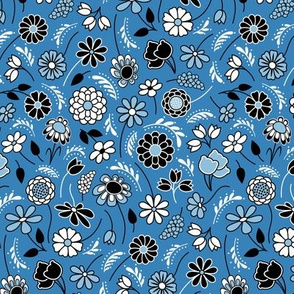 Spring Floral Ditsy in Baby Blue, Denim Blue, Black and White