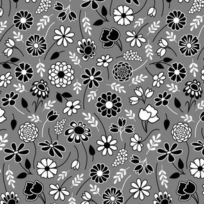 Spring Floral Ditsy in Dark Gray / Grey, Black and White