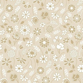 Spring Floral Ditsy in Khaki Tan,  Beige and White