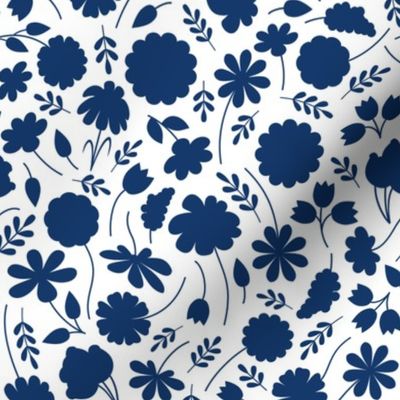 Midnight Blue and White Spring Floral Ditsy Silhouettes // Version 2