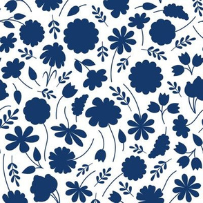 Midnight Blue and White Spring Floral Ditsy Silhouettes // Version 2