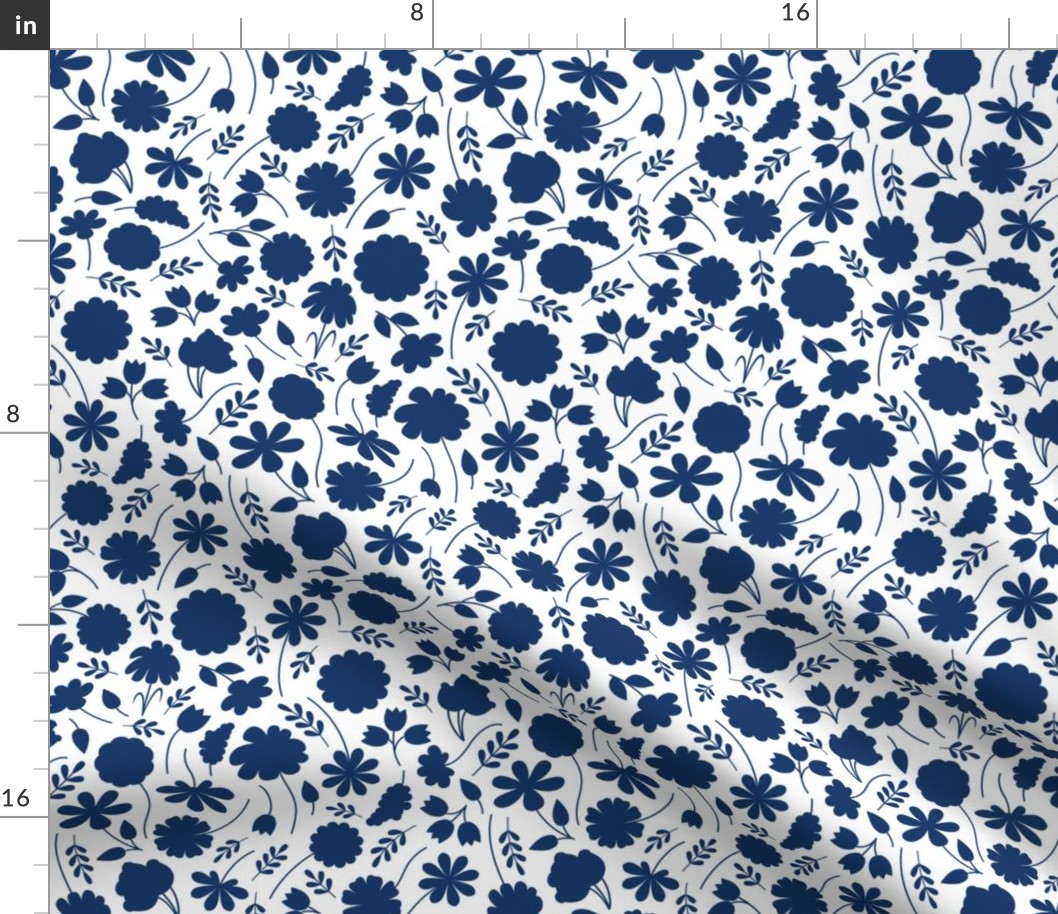 Midnight Blue and White Spring Floral Ditsy Silhouettes // Version 2