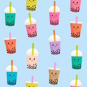 Boba Tea fabric - boba fabric, kawaii fabric, cute fabric, food fabric, bubble tea fabric, bubble tea, kawaii food - light blue