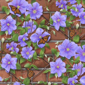 Clematis on Brick with Butterflies