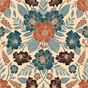 Fall Floral Pattern in Blue, Brown & Rust