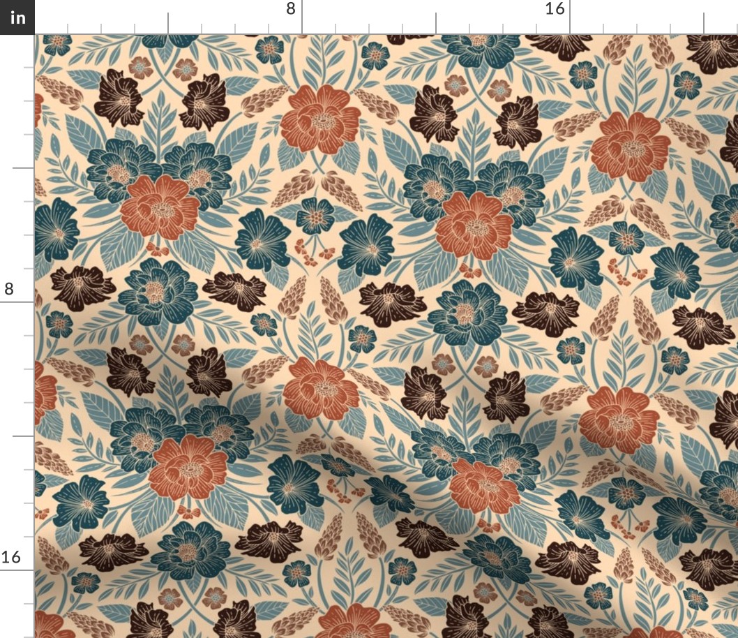 Fall Floral Pattern in Blue, Brown & Rust