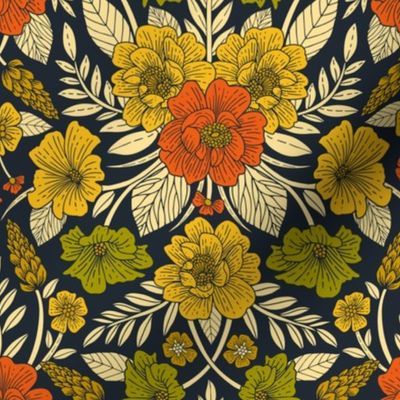 Modern Floral Pattern in Orange, Yellow, Green & Navy