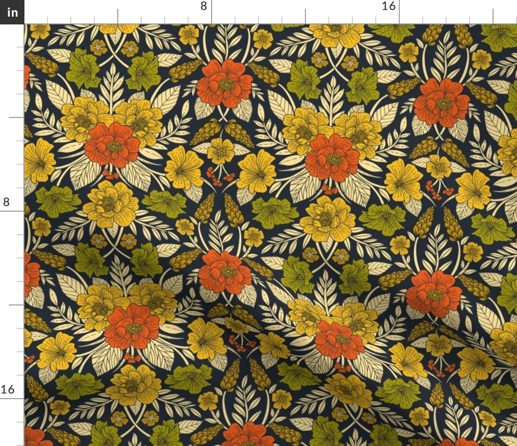 Modern Floral Pattern in Orange, Yellow, Green & Navy