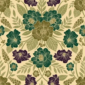 Elegant Floral Pattern in Sage Green, Jade, Olive & Purple