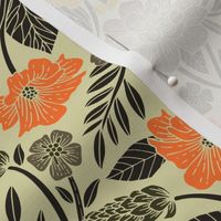 Modern Botanical Print w/ Flowers in Yellow, Orange, Black & Gray