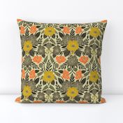 Modern Botanical Print w/ Flowers in Yellow, Orange, Black & Gray