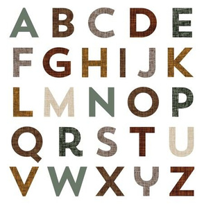 9" square: blue sage, coffee, chocolate, mushroom, penny, 13-2, 19-16 alphabet